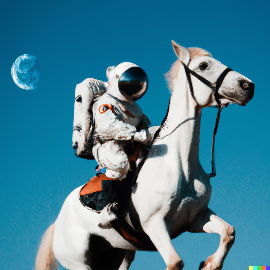 A surreal digital image showing an astronaut in a white spacesuit riding a white horse against a deep blue sky with a small planet visible in the distance. The image is a classic example of AI-generated art, specifically the famous 'astronaut riding a horse' prompt.