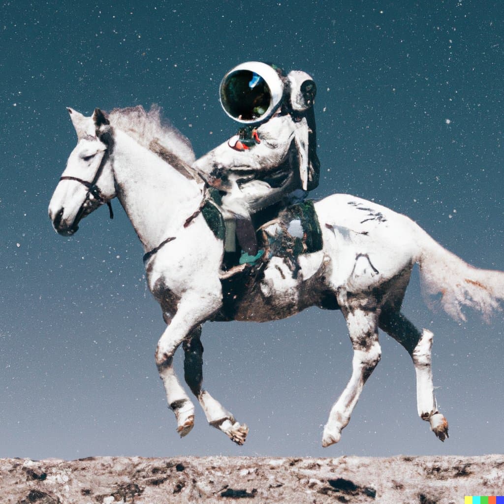 A surreal, AI-generated image showing a person in a white astronaut suit riding a galloping white horse against a dark, starry sky. The scene captures the horse mid-leap over a barren, rocky landscape.