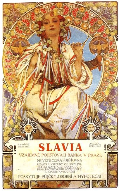 A reproduction of Alphonse Mucha's 1896 Art Nouveau poster, 'Slavia,' featuring a seated woman in classical dress holding a halo and a dove, surrounded by ornate floral and sun motifs. The poster serves as an advertisement for a mutual insurance bank in Prague. The text is in Czech.