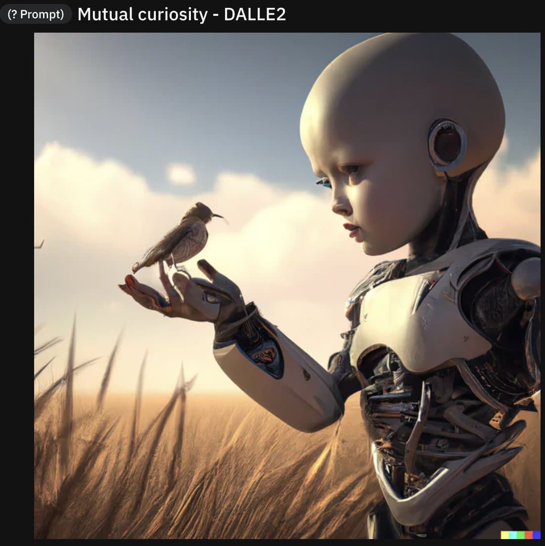 A digital artwork generated by DALL-E 2 showing a humanoid robot with a child-like face holding a small bird in a field of tall grass. The image is framed with a black border containing the prompt text at the top.