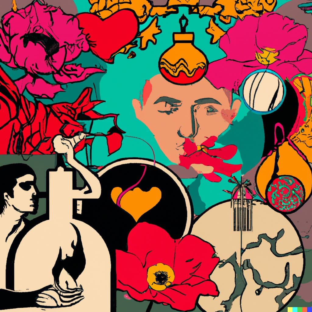 A colorful, collage-style digital illustration featuring a central portrait of a person with a lightbulb on their head, surrounded by vibrant red and pink flowers, a heart, and a black-and-white silhouette of a person holding a flower.