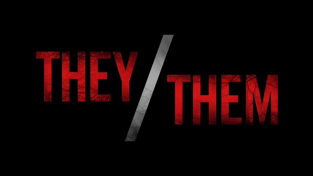 A graphic image featuring the words 'THEY' and 'THEM' in large, red, textured capital letters separated by a white forward slash against a black background.