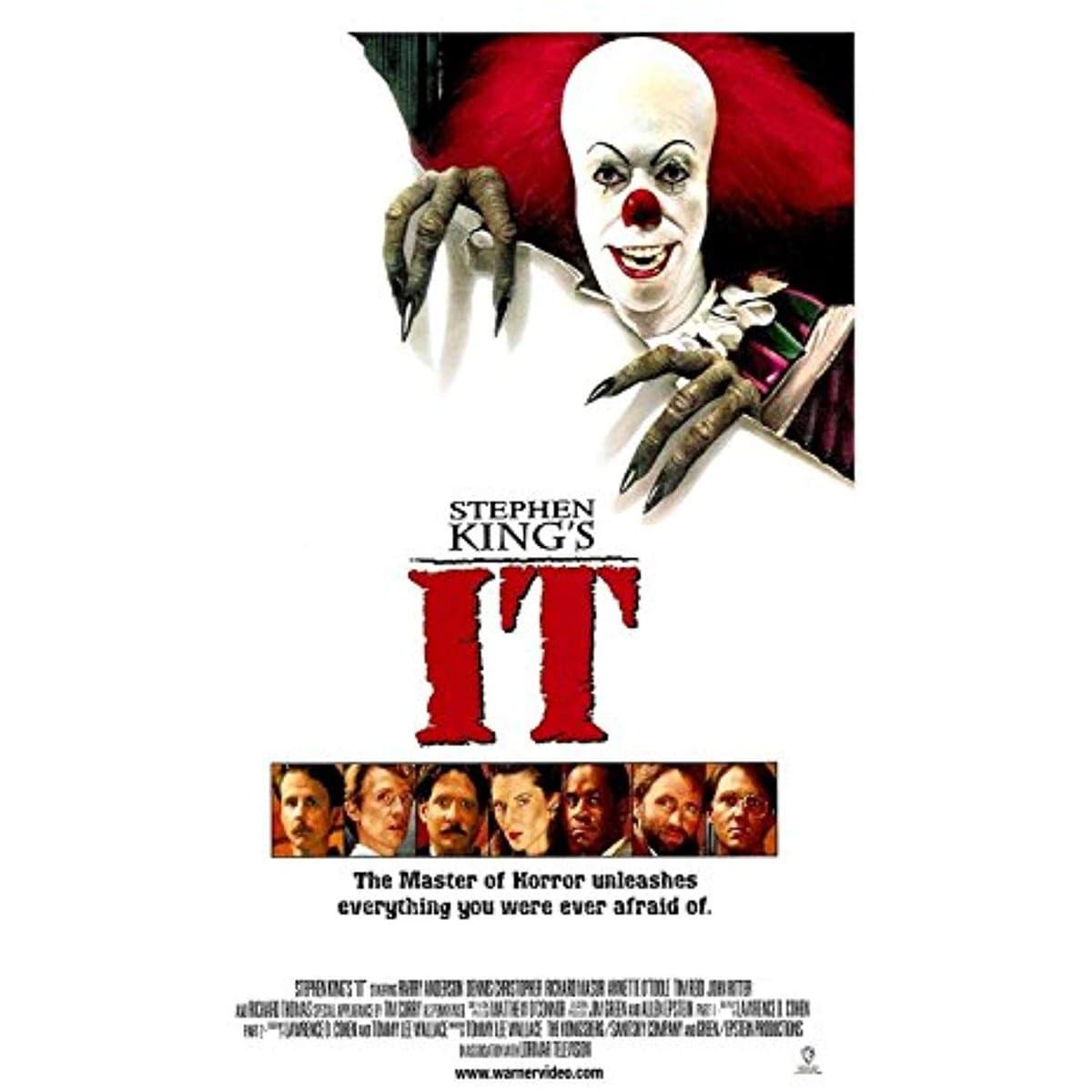 A movie poster for the 1990 film 'Stephen King's IT' featuring a menacing clown character with long claws peering over a torn white background. Below the title, a row of character portraits is displayed above a tagline and production credits.