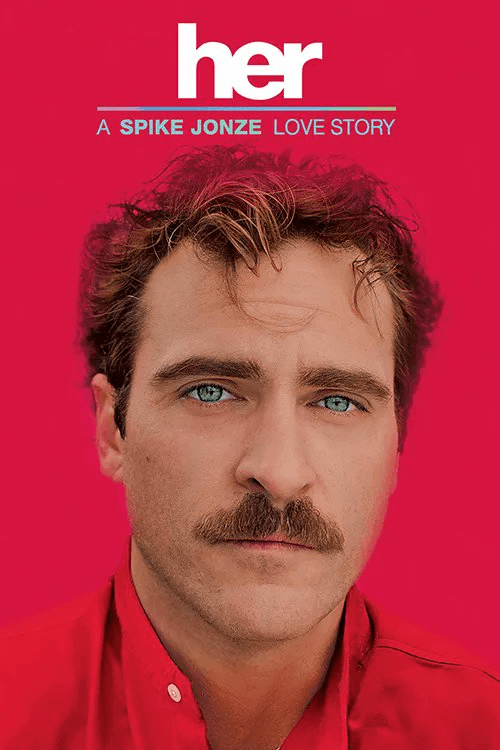 A movie poster for the film 'Her' featuring a close-up portrait of a man with a mustache against a bright red background.