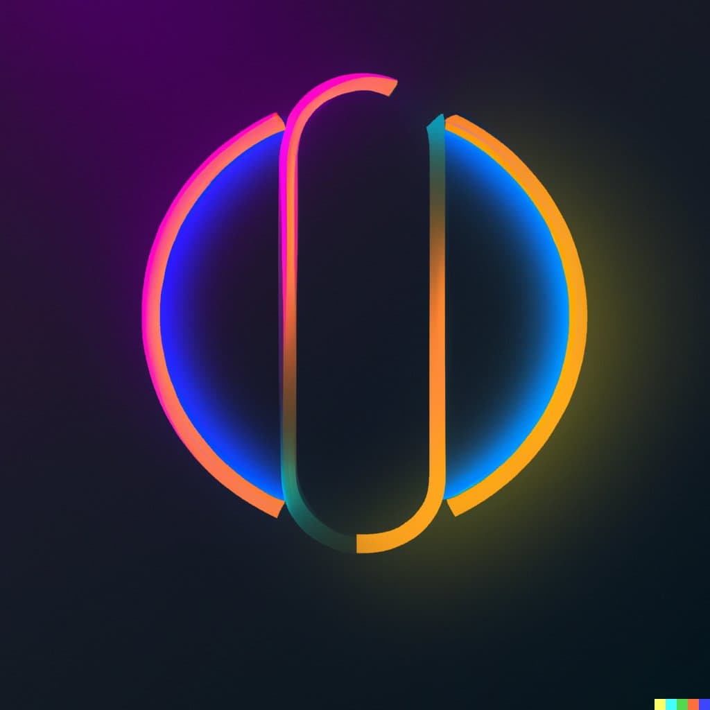 An abstract digital illustration featuring a glowing, neon-style circular shape with a vertical oval cutout in the center, rendered in vibrant gradients of pink, blue, and orange against a dark background.