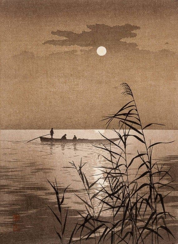 A Japanese woodblock print titled 'Moonlit Sea' by Koho Shoda, depicting a serene night scene with a full moon reflecting on calm water, a small boat with figures, and tall reeds in the foreground.