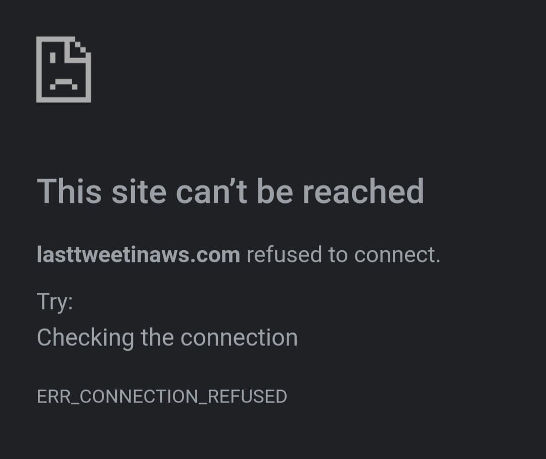 A screenshot of a web browser error page with a dark background, showing a sad-face file icon and a connection failure message.