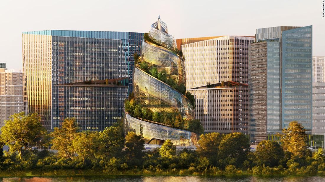A digital rendering of a futuristic, spiral-shaped glass tower with integrated greenery, standing among other modern skyscrapers by a body of water. The image is a screenshot from a news article, as indicated by the vertical text in the upper right corner.