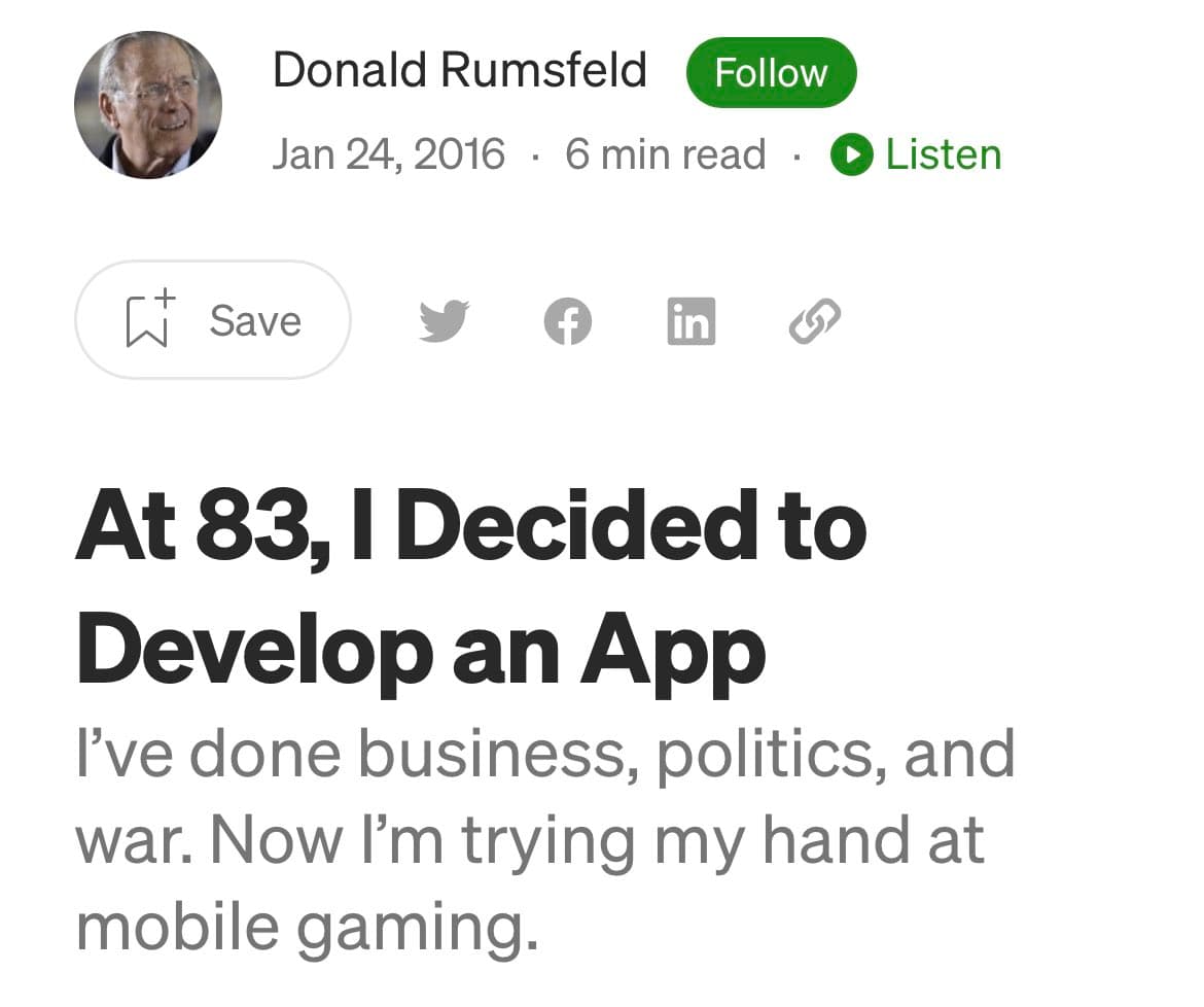 A screenshot of a Medium article preview featuring a profile picture of Donald Rumsfeld. The article is titled 'At 83, I Decided to Develop an App' and includes a short introductory paragraph.