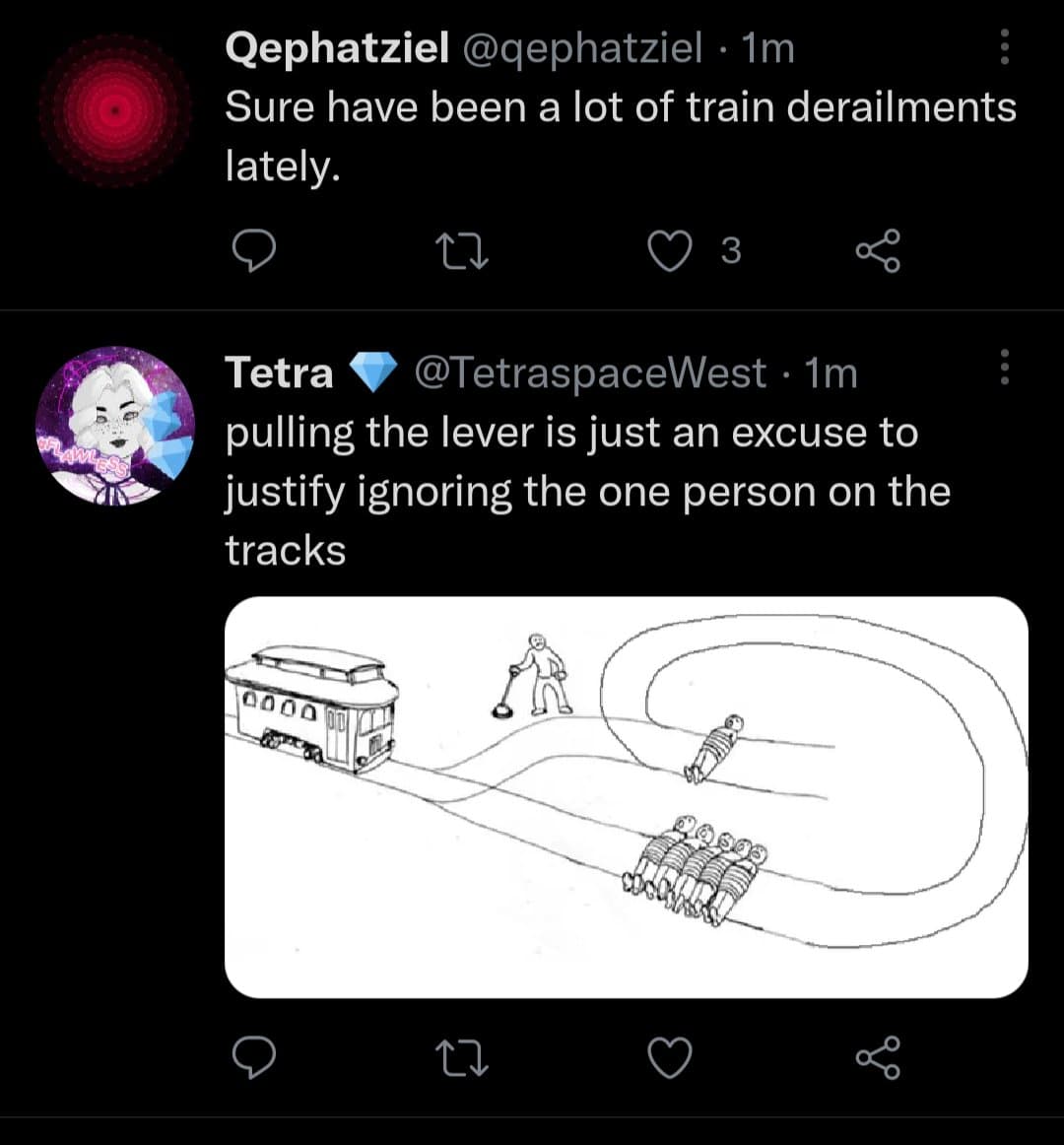 A screenshot of a Twitter conversation where user Tetra replies to a comment about train derailments with a joke about the trolley problem. The reply includes a hand-drawn sketch illustrating the classic ethical dilemma, showing a person pulling a lever to divert a train from five people onto a track with one person.