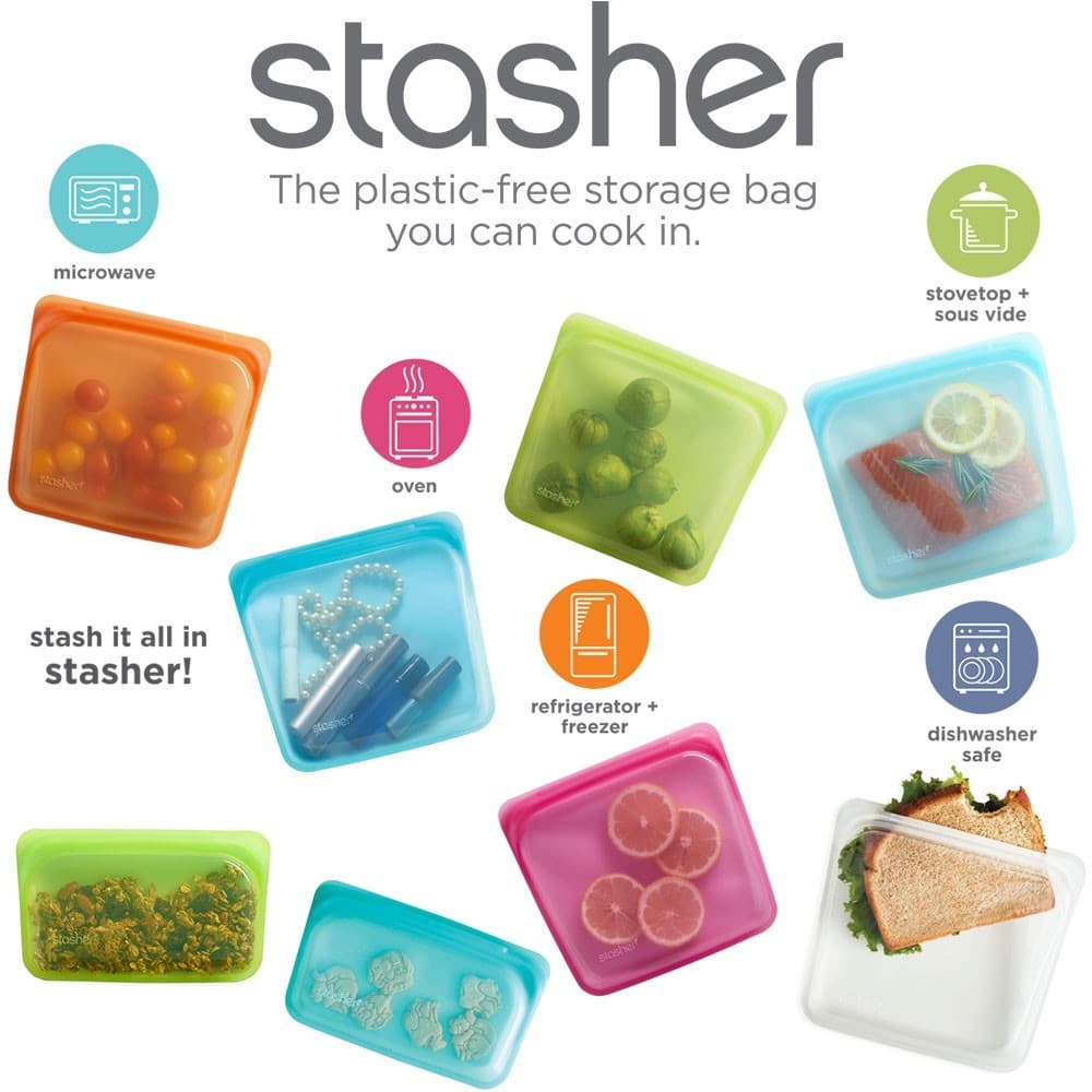 A promotional infographic for Stasher reusable silicone bags, displaying various colored bags filled with food and other items alongside icons indicating their compatibility with microwaves, ovens, refrigerators, and dishwashers.