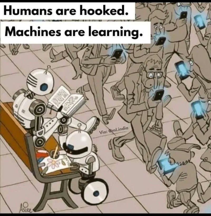 A cartoon illustration showing a group of people walking while staring at their smartphones, contrasted with two robots sitting on a bench reading and writing. The image includes a text overlay at the top.
