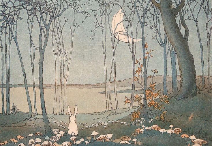 A watercolor illustration depicts a small white rabbit standing in a forest clearing at night, surrounded by mushrooms and looking up at a crescent moon visible through the trees. The scene is rendered in soft, muted tones of blue, green, and brown, creating a serene and whimsical atmosphere.