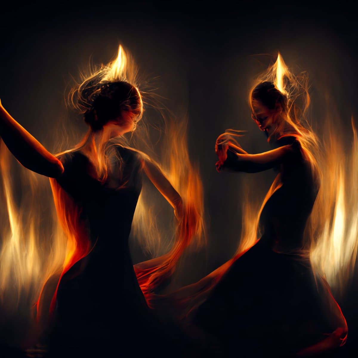 A dramatic, artistic image of two figures in dark dresses dancing against a dark background, with their hair and clothing appearing to be engulfed in bright orange flames. The scene is illuminated by the fire, creating a high-contrast, ethereal effect.