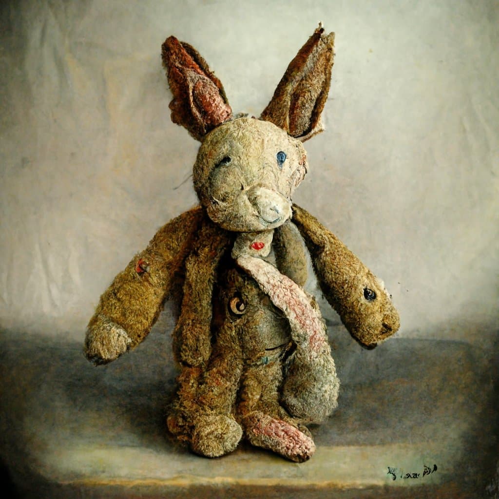 A painting of a worn, stuffed rabbit toy sitting on a surface against a plain background.