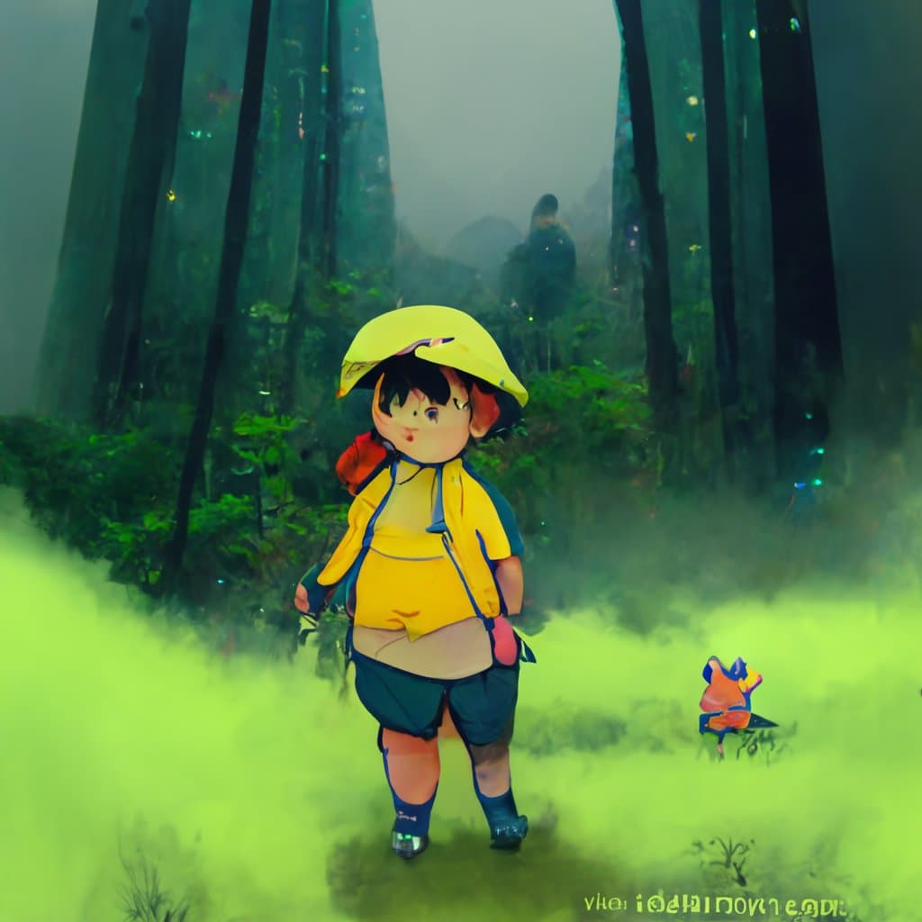A digital illustration of a young child wearing a yellow rain hat and jacket, standing in a misty, green forest with tall trees. A small, colorful creature is visible on the ground to the right, and a faint figure can be seen in the background fog.