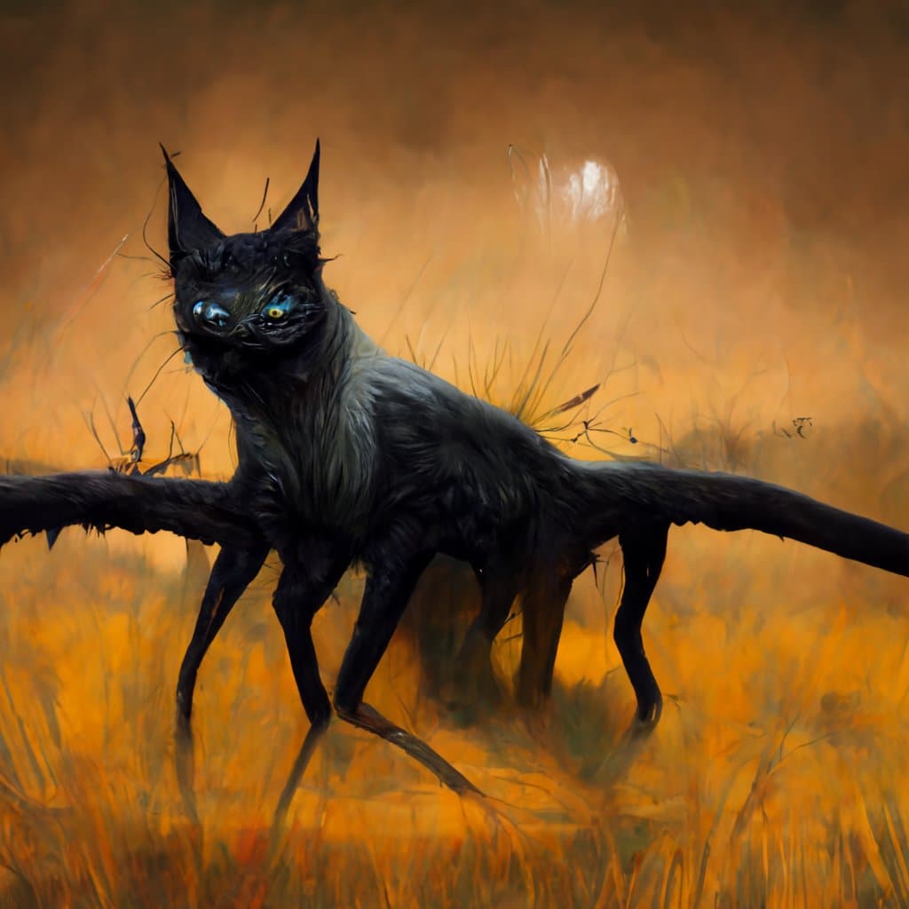 A surreal, AI-generated digital painting of a black cat with a long, spindly body and mismatched blue and yellow eyes, standing in a field of golden grass. The image features a painterly style with a warm, hazy background.