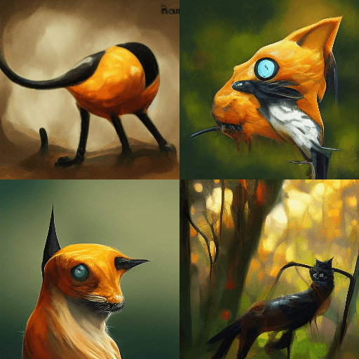 A four-panel digital art collage featuring stylized, fantastical creatures that resemble a hybrid of a bird and a cat, rendered in orange and black tones. The images depict the creature from various angles, including a full-body side view, a close-up of its head with a large blue eye, a portrait, and a scene in a forest setting. A small watermark reading 'nan' is visible in the top left corner.