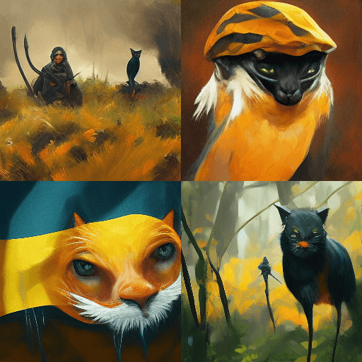 A four-panel digital art collage featuring stylized, anthropomorphic black cats in various fantasy settings, including a warrior with a bow, a figure wearing a helmet, a close-up portrait, and a cat standing in a forest.