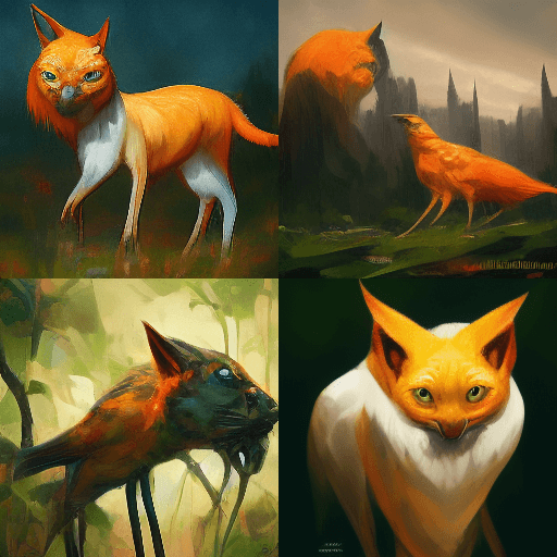 A four-panel digital art collage featuring surreal, anthropomorphic creatures that blend feline and avian characteristics, depicted in various fantasy settings. The images showcase orange and white creatures with bird-like legs and beak-like snouts, rendered in a painterly style with dramatic lighting and atmospheric backgrounds.