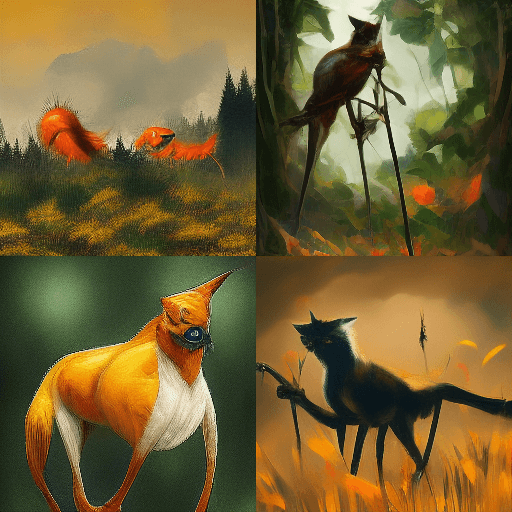 A four-panel digital art collage featuring fantastical, hybrid creatures that blend animal and bird characteristics in various natural settings. The images depict a red, spiky creature in a field; a bird-like animal perched in a forest; a golden, deer-like creature with a bird's head; and a dark, cat-like creature with long legs in a grassy area.