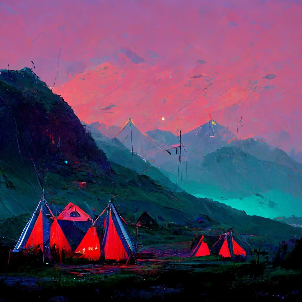 A digital painting of a mountain campsite at dusk, featuring several illuminated red and blue tents in the foreground. The background shows a dramatic, pink-hued sky and snow-capped peaks.