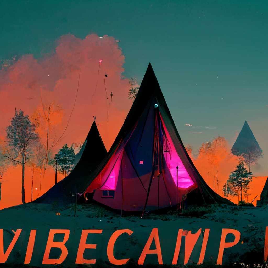 A stylized, colorful photograph of a campsite at dusk, featuring several large, cone-shaped tents illuminated with bright pink light from within. The scene is set against a dramatic sky with orange and teal hues, and the word "VIBECAMP" is written in large orange letters across the foreground.