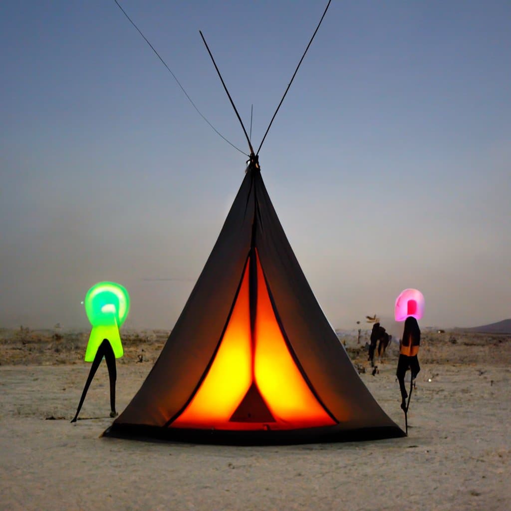 A large, illuminated tent glows with warm orange light in a desert landscape at dusk, with two people wearing glowing, colorful headpieces standing nearby. The scene appears to be from an outdoor festival or camping event.