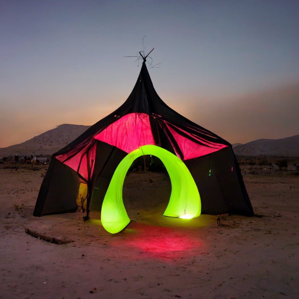 A large, illuminated tent structure stands in a desert landscape at dusk, featuring a black outer shell, a glowing pink interior, and a bright neon-green arched entrance. The scene is set against a backdrop of low hills and a fading sky, with the tent's lights casting colorful reflections on the sandy ground.