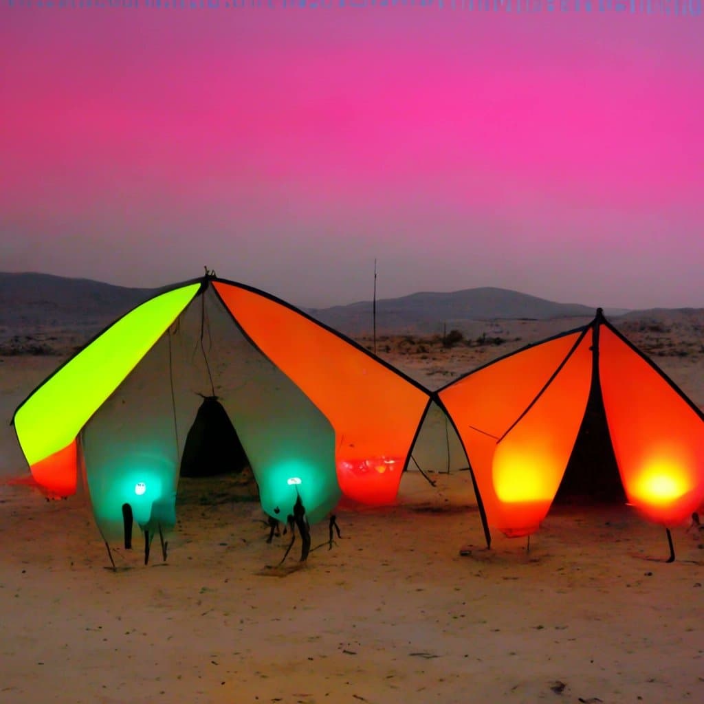 A photograph of two illuminated tents glowing in vibrant colors of green, orange, and red against a pink and purple twilight sky in a desert landscape.