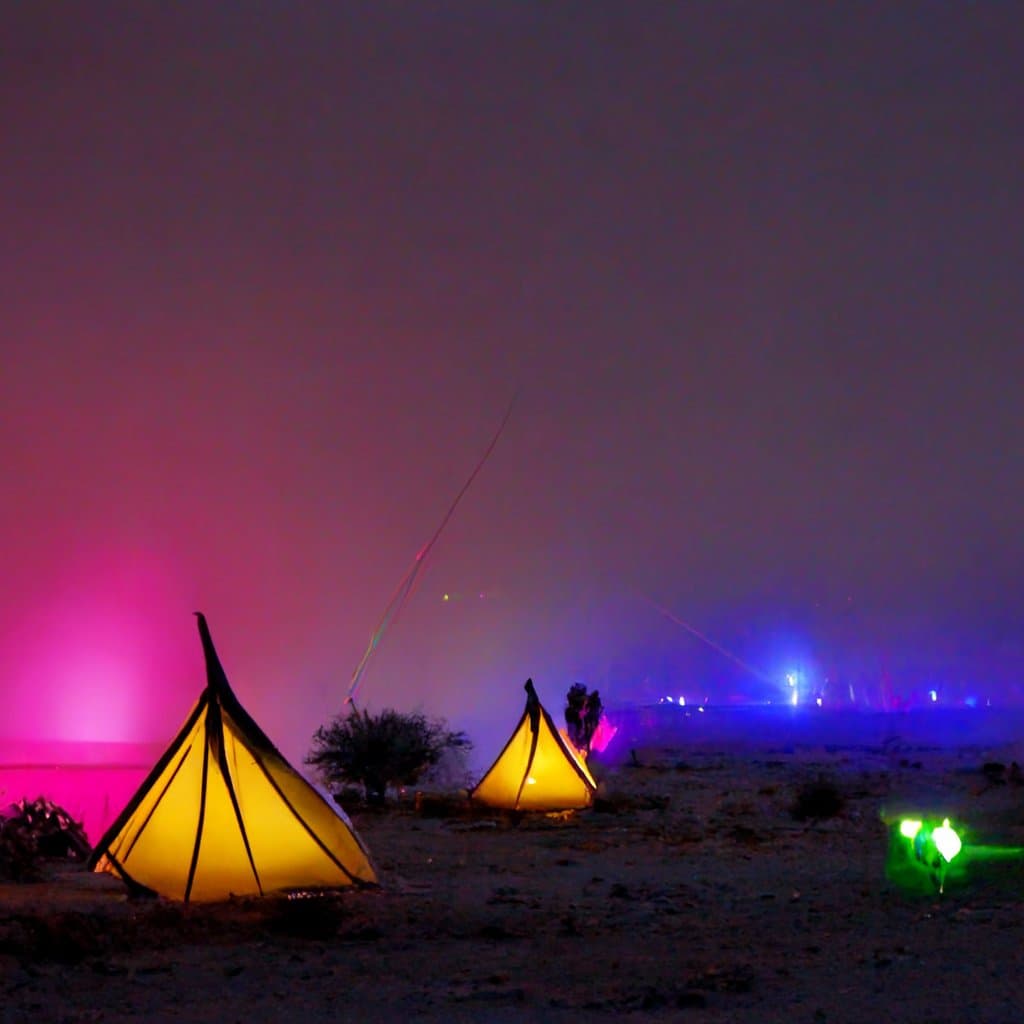 A night scene at a desert camp featuring two illuminated, cone-shaped tents glowing yellow against a dark, dusty landscape. The background is washed with vibrant pink and purple light, with a thin, colorful laser beam shooting up into the sky and distant blue lights visible on the horizon.