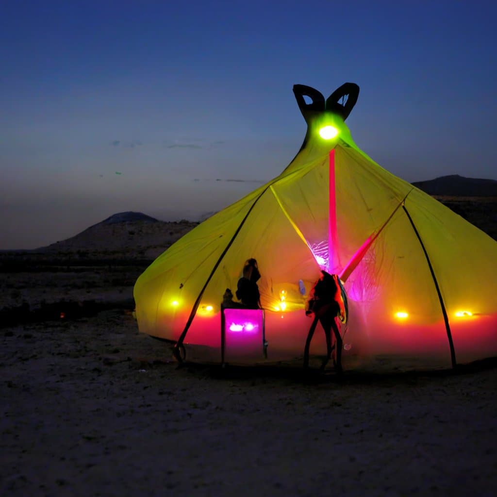 A large, illuminated yellow tent with a distinctive cat-ear shape at the top stands in a desert landscape at dusk. The tent glows with internal pink and yellow lights, revealing the silhouettes of people inside.