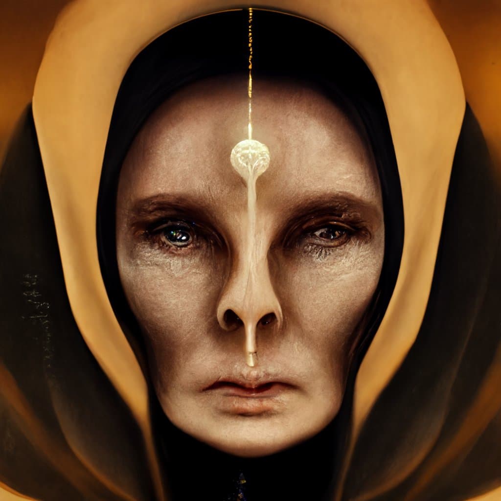 A surreal digital artwork depicting a close-up portrait of a woman with a golden halo and a luminous, vertical line of light descending from her forehead to her mouth. The image features a warm, golden color palette and a smooth, painterly texture.