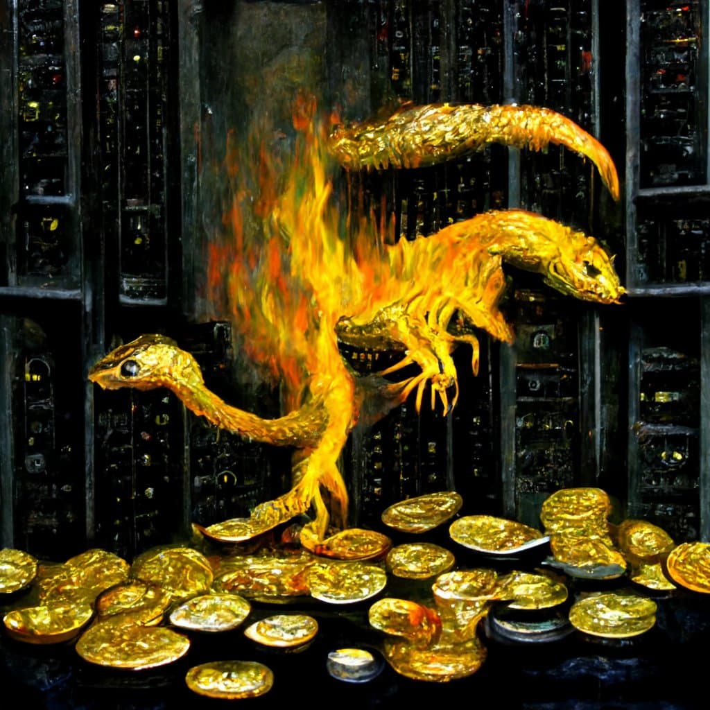 A digital artwork depicting a golden, three-headed dragon (a basilisk) breathing fire over a pile of gold coins, set against a dark background of server racks. The image is a fantasy illustration used as a visual metaphor in the accompanying post.