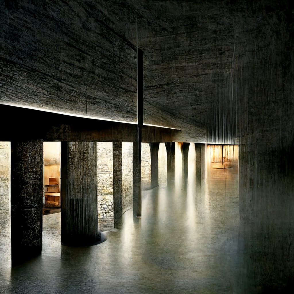 A moody, low-light photograph of a concrete architectural space featuring a row of thick pillars and a long, reflective floor. The scene is illuminated by a strip of light along the ceiling and warm light filtering through the openings between the columns.