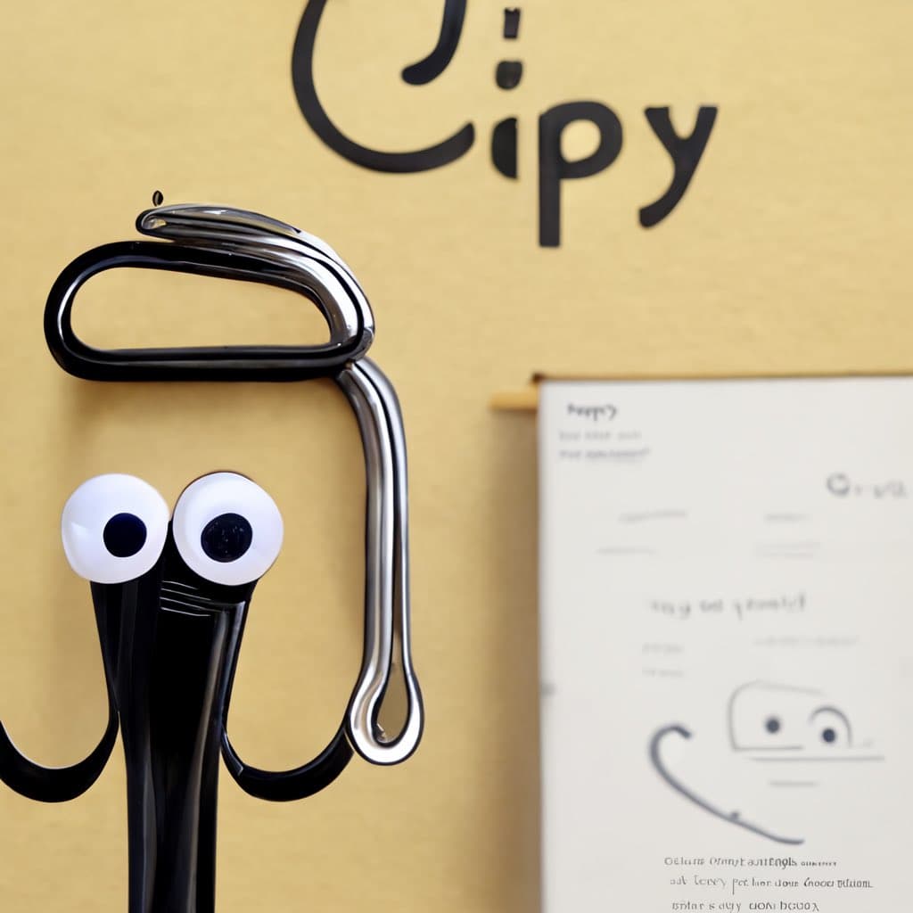 A 3D-rendered, glossy black and silver figure resembling the Clippy paper clip character, featuring large googly eyes, stands in front of a yellow wall with the word "Clippy" written above it. To the right, a whiteboard displays a sketch of the character's face and body, along with some illegible text and diagrams.