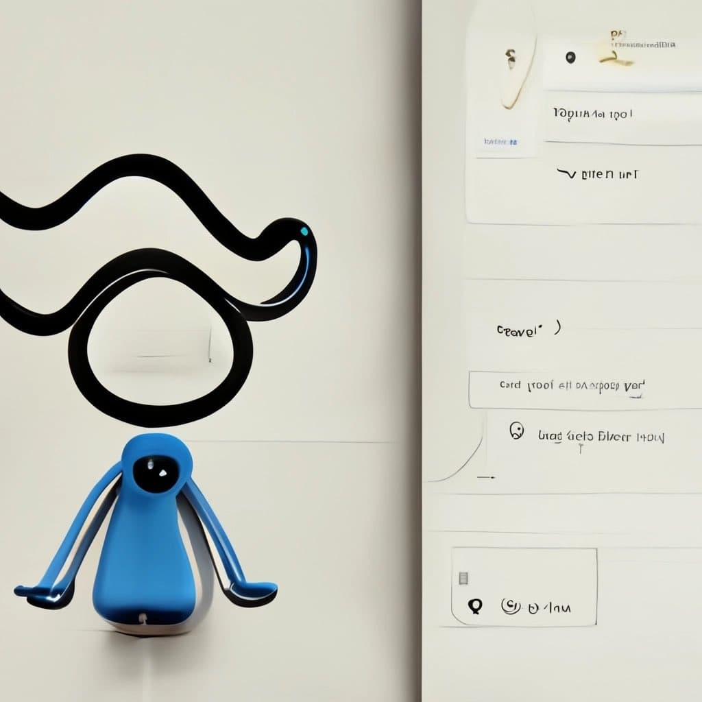 A digital illustration of a blue, penguin-like robot with a black visor and long, curved black appendages, standing next to a white panel covered in illegible, stylized text and interface elements. The image appears to be a Midjourney-generated depiction of the character Clippy.