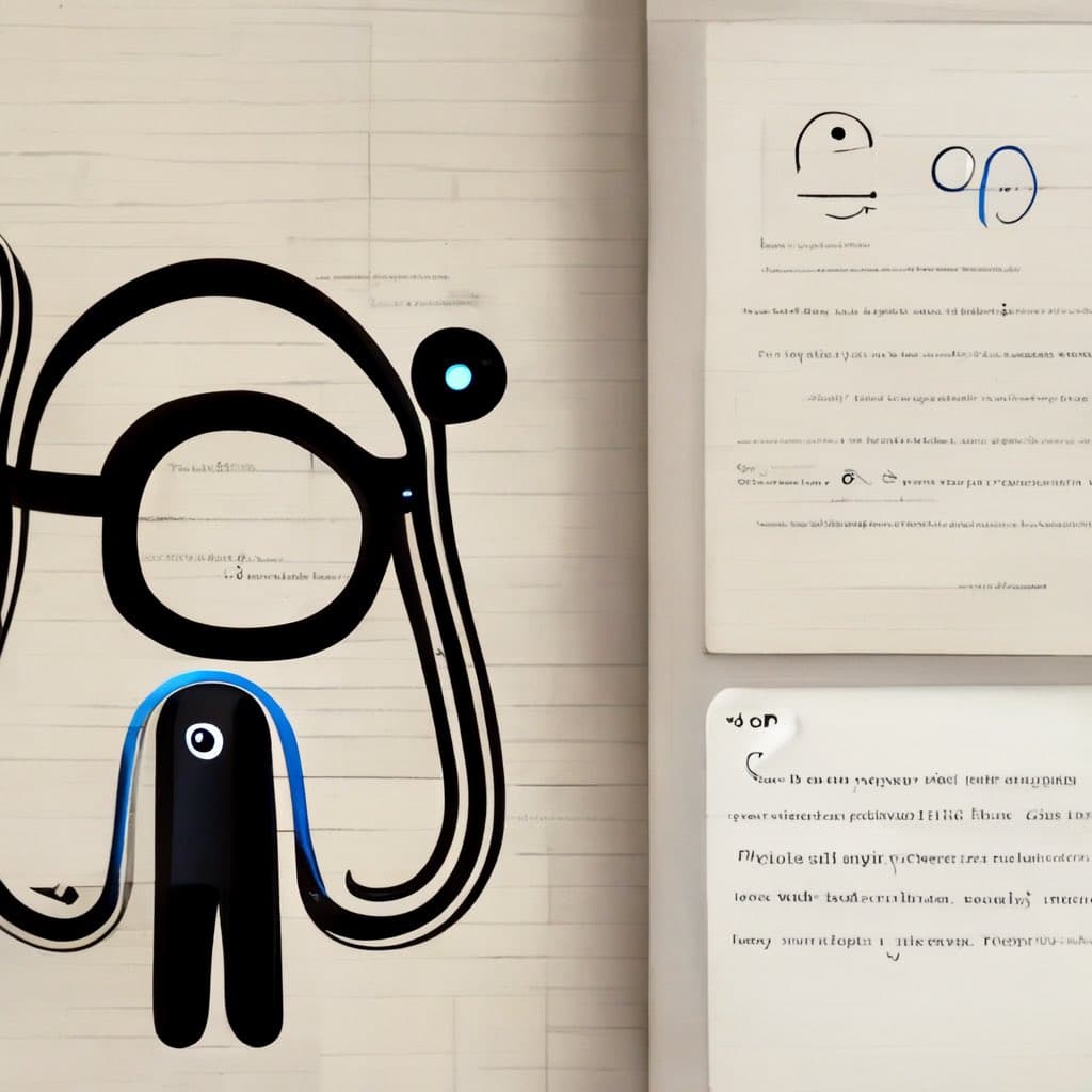 A digital art image showing a stylized, abstract black and blue figure resembling the Clippy assistant on a lined notebook page, next to a sheet of paper with illegible handwritten notes and sketches.