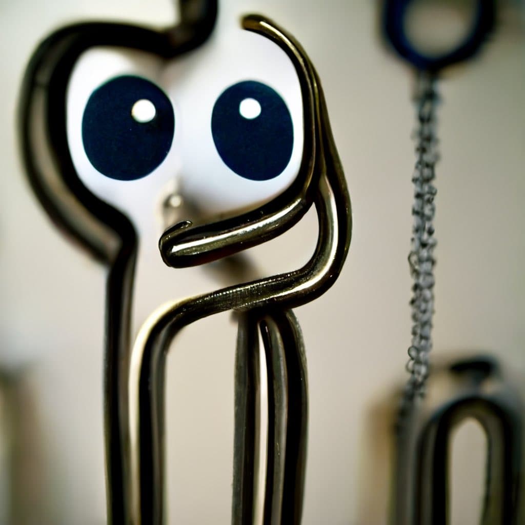 A close-up photograph of a large, novelty paperclip designed to look like the character Clippy, featuring a white face with large blue eyes and a metal wire body. The image is a macro shot with a shallow depth of field, blurring the background where other objects are faintly visible.