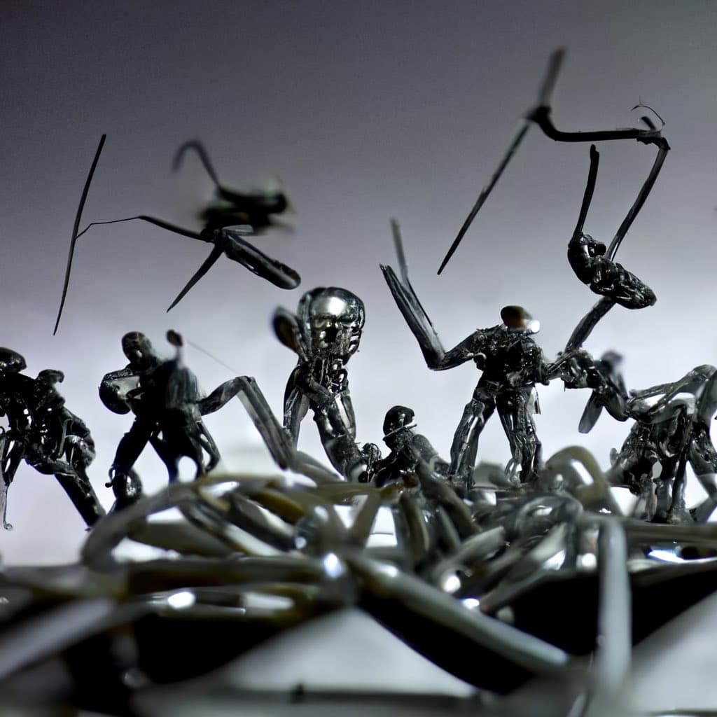 A macro photograph of a group of metallic, humanoid figures made from bent paperclips, posed in dynamic action stances on a surface of tangled wire. The figures appear to be engaged in a battle, with some holding makeshift weapons fashioned from the same material.