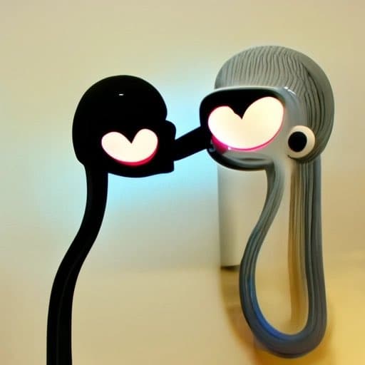 A photograph of two stylized, 3D-printed figurines resembling the Microsoft Office assistants Clippy and Clipette. The black figure on the left is leaning in to kiss the grey figure on the right, both featuring glowing, heart-shaped eyes.