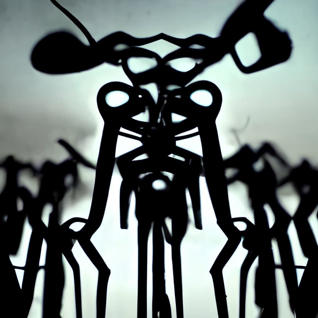 A black-and-white silhouette of a figure made from bent paper clips, resembling a person with outstretched arms and a head, standing in front of a crowd of similar figures. The image is backlit, creating a high-contrast, dramatic effect.