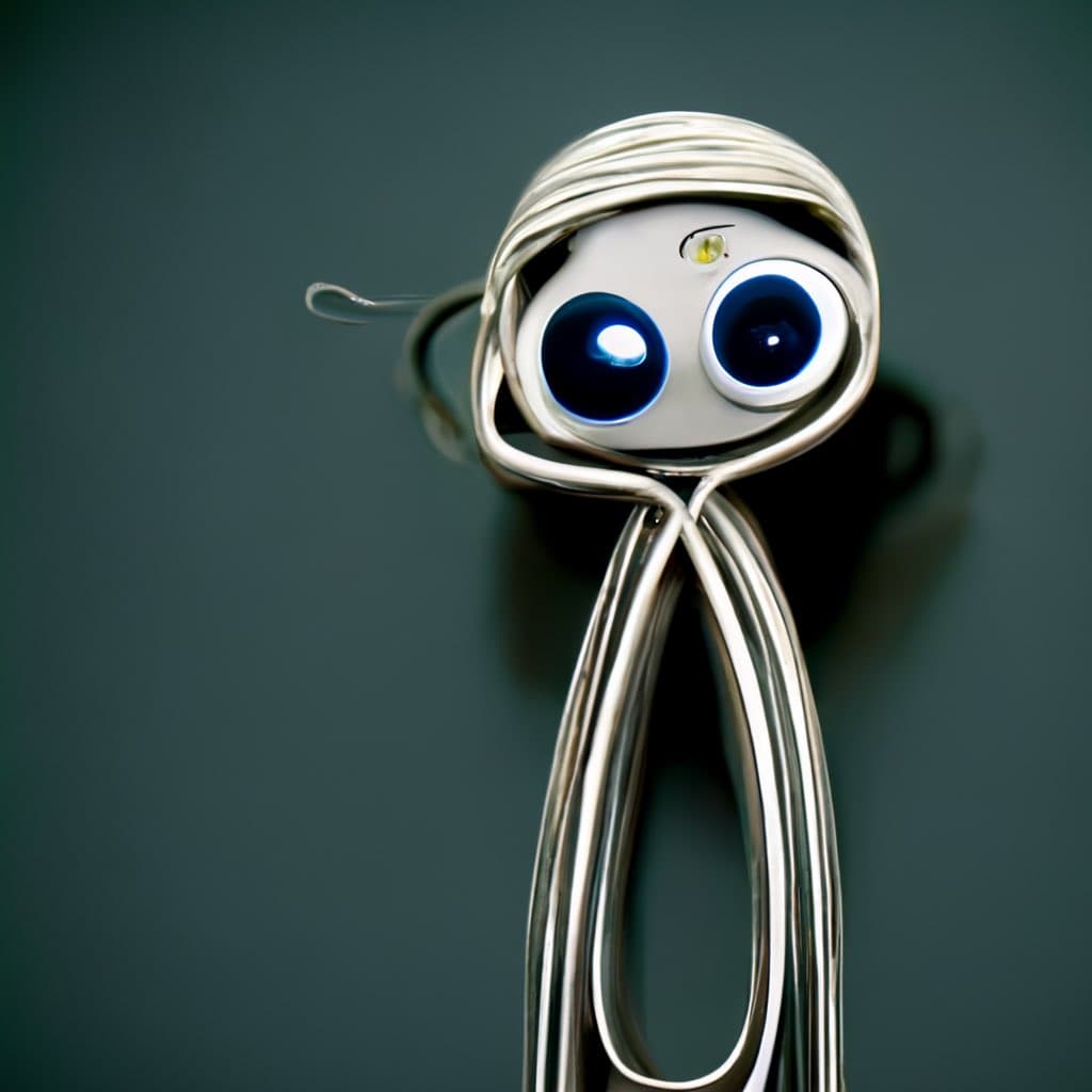 A close-up photograph of a small, silver wire sculpture resembling a baby version of the Clippy character, featuring a white face with large blue eyes.