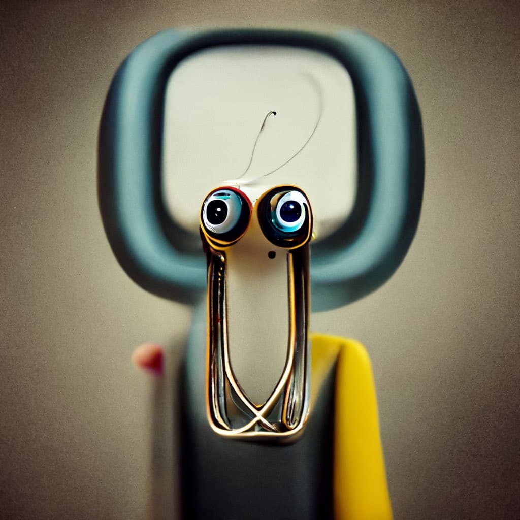 A close-up, stylized digital rendering of the Microsoft Office assistant Clippy, featuring a metallic paperclip body with large, expressive eyes and a yellow sleeve, set against a blurred background.