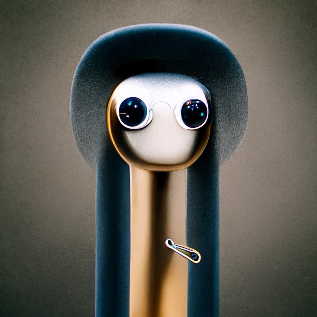 A 3D-rendered, stylized portrait of the Microsoft Office assistant Clippy, depicted with a metallic finish and large, glossy eyes against a dark, textured background.
