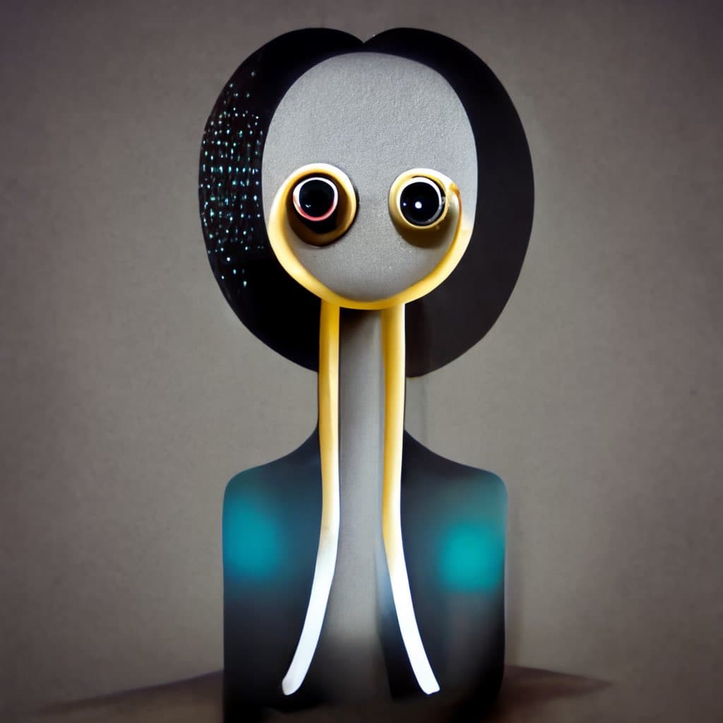 A digital portrait of a stylized, abstract character with a large, round head, wide eyes, and a long, thin neck, set against a neutral background.