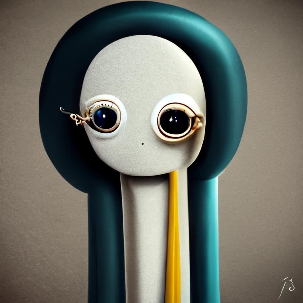 A digital art portrait of a stylized, abstract character with a pale, oval face, large dark eyes with gold rims, and a dark teal halo-like shape around the head, set against a neutral brown background.