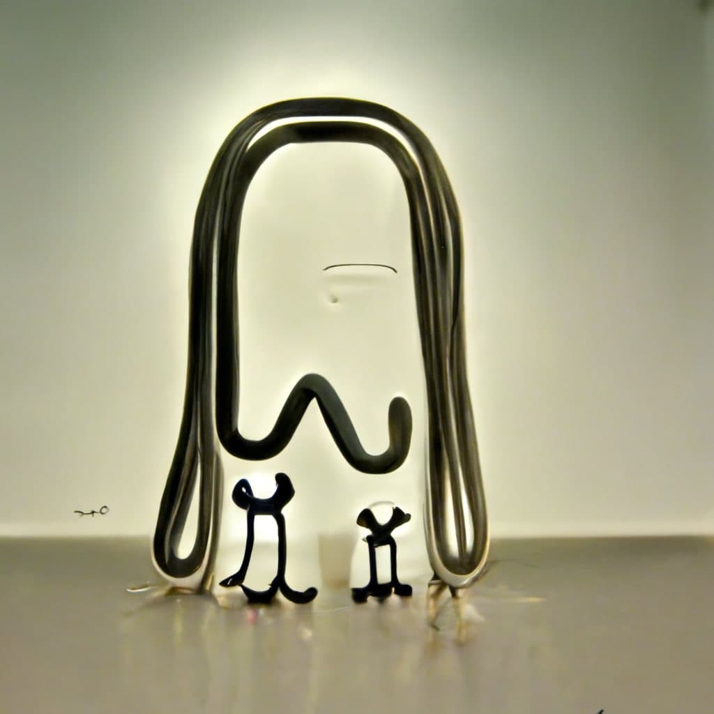 A photograph of a glass sculpture depicting a large, abstract figure with two smaller figures at its base, resembling a family portrait. The piece is made of clear and dark glass elements, standing on a reflective surface against a plain background.