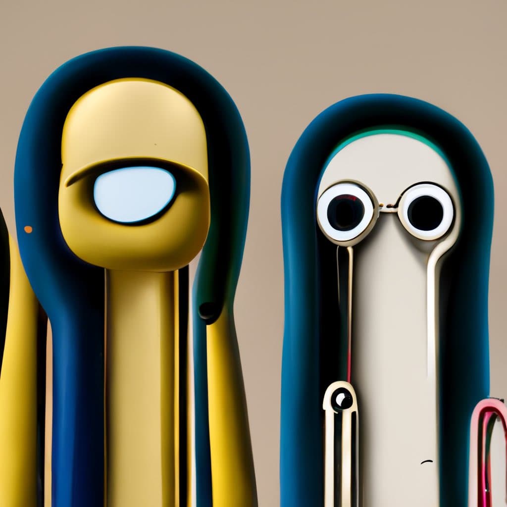 A 3D-rendered illustration of two stylized, anthropomorphic paperclip characters with large eyes, set against a plain beige background. The character on the left is yellow with a single wide eye, while the one on the right is white with two round eyes and a small mouth.