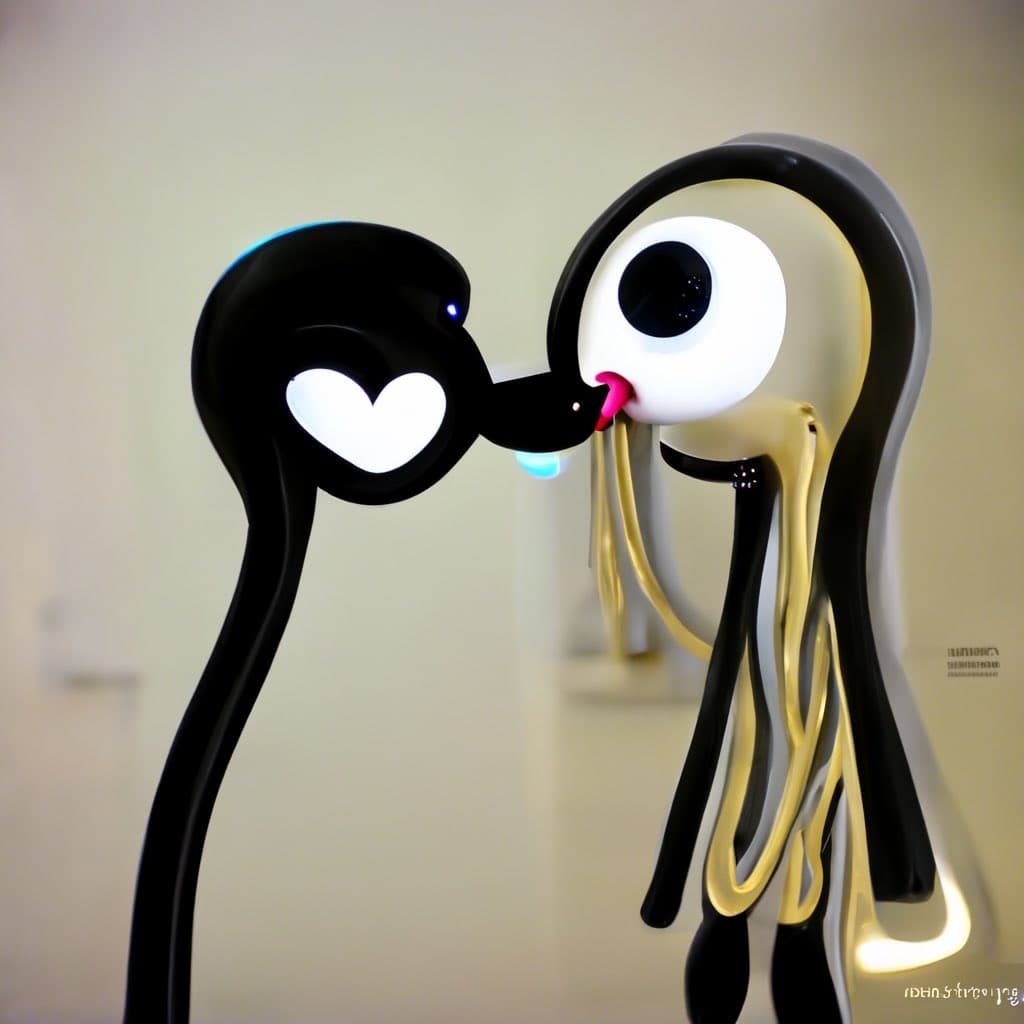 A 3D digital render of two stylized, abstract characters in a romantic pose. The character on the left is black with a glowing white heart for an eye, while the character on the right has a large white eye, long black and yellow hair, and is licking the other character's face.